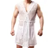 Indumenti da notte da uomo Sexy Robe Mesh Felpa con cappuccio Sleep Lounge Pigiama Gay Wear Men's Hollow Fashion Prospettiva Vestaglia Accappatoio (Senza pantaloncini)