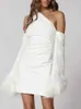 Sukienki swobodne seksowne pióra Flare Mini Sukienka z długim rękawem Elegancka szczupła jedno ramię wiosenna moda żeńska impreza klubowa 230214