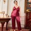 Vêtements de nuit pour femmes couleur rouge soie pantalon long pyjamas avec fronde sommeil hauts deux pièces ensemble grande taille femmes ample confortable pyjama