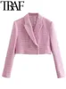 Women's Two Piece Pants TRAF Spring Women Casual Cropped Tweed Jacket Ornate Button Houndstooth Pink Blazer Skorts Shorts 2 Piece Set 230214