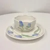 Bowls 2Pcs Embossed Tulip Tableware Set Ceramic Bowl Dinner Plate Breakfast Dessert Salad Coffee Mug And Plates Cutlery