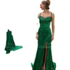 Vert Mat Satin Sirène Robes De Bal 2023 Longues Robes De Soirée Élégantes Spaghetti Dos Nu Fente Latérale Femme Tenue De Soirée Pageant