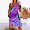 Mulheres vestidos casuais malha pura de manga longa de manga longa impress￣o de borboleta mini vestido solto e tamanho s-3xl