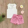 Kläder sätter mode sommar baby outfit kostym ärmlös ribbad vanlig lapel tankplain shorts med midjebälte småbarn flickor kläder set