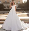 Wedding Dress Simple A-Line Off The Shoulder Sweetheart Illusion Button Back Floor Length Sweep Train Bride Gown Custom Made
