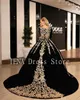 Party Dresses 14445Black Velvet Formal Evening Plus Size Vneck Half Sleeve Sparkly Gold Lace Applique Kaftan Caftan Arabic Prom Gown 230214