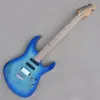 Factory Blue Incomum Shape Faned Guitar Guitar com chama Maple Fingerboard de bordo de hardware cromo de bordo pode ser personalizado