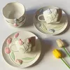 Bowls 2Pcs Embossed Tulip Tableware Set Ceramic Bowl Dinner Plate Breakfast Dessert Salad Coffee Mug And Plates Cutlery