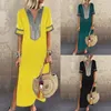 Casual Dresses Plus Size 5XL Ethnic Style Print Deep Neck Dress Women Sukienka Open Side Thigh Slit Short Sleeve Maxi