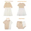 Conjuntos de roupas Conjunto de malha conjunto de damasco de damasco Combating Family Summer Baby Bloomer Boys Top Girls Dress Cotton Linen Buttom Soft 7006 230214