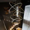 Pendant Lamps Nordic LED Chandelier Circle Golden Villa Hanging Lighting Luxury Stair Lamp Exhibition Hall Decorative Home Decor