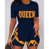 Damen Zweiteilige Hosen Frauen Brief Drucken Split Saum Top Colorblock Shorts Set Sommer Mode Femme Oneck Zwei Stücke Outfits Streetwear Set 230214