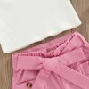 Kläder sätter mode sommar baby outfit kostym ärmlös ribbad vanlig lapel tankplain shorts med midjebälte småbarn flickor kläder set