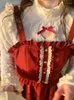 Werkjurken xgoth vrouwen wijn rood lange jurk lente herfstjaar in het herfst van sweet kawaii bowknot sling lieeve kanten shirt tweedelige set