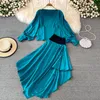 Work Dresses Two Piece Women Dress Sets Outifits Off Shoulder Lantern Long Sleeve Top High Waist Asymmetrical Skirts Woman DropWork