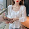 Женские блузки пулковы белый v воротник весенний осенний корейский кружевная жемчужная квадратная блузка с длинной рубашкой женская рубашка дамы 826b