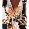 Robes décontractées bohème rétro imprimé fleuri été pour les femmes couleur or à manches longues col en V Maxi robe plage club de vacances