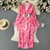 New Chiffon Fairy Dress for Spring and Autumn Dresses with Large Swing and Fragmented Flowers Temperament Gentle French V-neck Wrapped Hip Long Skirt