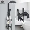 Robinets de lavabo de salle de bains Ensemble de robinets de douche en laiton noir Robinet de baignoire à pluie avec étagère 4 fonctions Hauteur réglable Mélangeur Grue Livraison rapide 230213