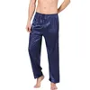 Vêtements de nuit pour hommes automne hommes pyjama pantalon imitation soie couleur pure taille élastique pantalon décontracté lâche mince maison RTYU1MEN's