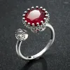 Cluster Rings Cute Red Natural Stone Double Round Silver Color Open For Girls Women Retro Style Lady Bague Femme