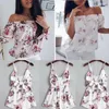 Blouses Femmes Femmes Floral Imprimé À Manches Longues Slash Cou Hors Épaule Chemise D'été Casual Tops Lady Lâche Mode Cordon