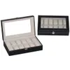 Watch Boxes Cases 12 Grids Leather Display Case Holder Black Storage Glass Jewelry Organizer for Men Women Gift 230214