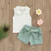 Kläder sätter mode sommar baby outfit kostym ärmlös ribbad vanlig lapel tankplain shorts med midjebälte småbarn flickor kläder set