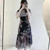 Feestjurken JSXDHK Fashion Summer Mesh Floral Midi Dress 2023 Luxe vrouwen Ruches Flower Borduursel Standkraag Bodycon Slim Vestidos