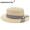 قبعات واسعة الحافة 2018 New Lady Boater Sun Caps Ribbon Round Flat Top Straw Beach Hat Panama Hat Hat Summer Hats for Women Straw Hat Snapback Gorras R230214