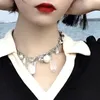 Choker Heavy Industry Design Sense Crystal Pearl Pendant Necklace For Women Female Neck Ornament Dark Black Thick Chain Short