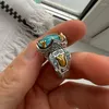 Cluster Rings Vintage Carved Aquamarine Men's European And American Retro Wedding Inlaid Turquoise Turkish Fashion Luxury Jewelry