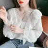 Frauen Blusen Blusas De Mujer Bluse Shirts 2023 Koreanische Version V-ausschnitt Spitze Nähte Rüschen Elegante Frauen Damen Tops 6569i
