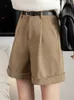 Women's Shorts Seoulish Corduroy Cargo with Belted Autumn Winter High Waist Wide Leg Vintage Female Trousers 230214