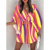 Vestidos casuais boho mulheres verão sexy v estampa de pescoço batwing batwing bateup laceup feminino solto mini vestido 230214