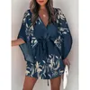 Vestidos casuais boho mulheres verão sexy v estampa de pescoço batwing batwing bateup laceup feminino solto mini vestido 230214