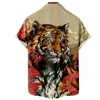 Camisas casuais masculinas Botão de manga curta Camisa de férias de praia solta Moda de verão masculino tigre impressão de tigre