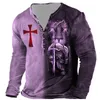 T-shirty męskie vintage męskie bawełniane koszulki rycerze Templar nadruk 3D T Summer duże topy długie rękawowe tee swobodne ubrania na guziki 230213