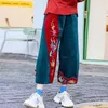 Etniska kläder 2023 National Harajuku Vintage Corduroy Pants Flower broderade traditionella kinesiska kvinnor breda benbyxor orientaliska