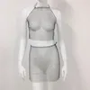 Traje de baño de mujer, conjunto de minifalda de rejilla de rejilla para mujer, conjunto de Bikini Sexy ahuecado, ropa de playa con diamantes de imitación, traje de baño envolvente