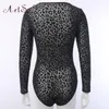 Womens Jumpsuits Rompers ArtSu Women Long Sleeve Casual Bodysuits Fashion VNeck Black Leopard Print See Through Sexy Velvet Mesh Bodysuit Club Wear 230214