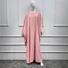 エスニック服2023イスラム教徒の女性ファッションシンプルなドバイ純粋なカラーバットスリーブローブのドレス女性アバヤトルコカフタン