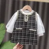 Girl's Dresses Humor Bear Baby Spring Autumn Mesh Long Sleeve Shirt Sleeveless Plaid Princess 2pcs Toddler Clothes 230214