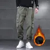 Men's Pants Cargo Men Harem Pant Multi Pockets Shrinkable Cuffs Thickened Autumn Winter Drawstring Fleece Lined Sweatpants