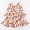 Flickans klänningar Girlymax Fall Halloween Baby Girls Barn Barn Kläder Mjölk Silk Floral Farm Pumpkin Print Twirl Dress Kne Längd Lång ärm 230214