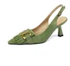 Zielony czarny slingbacks frędzle z goletą metalową klamrę buty na wysokim obcasie Summer Sheepskin Lady Pumps Kobiety sukienki Buty Rozmiar 35-40