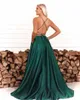 Emerald Green Prom Elbiseler Uzun Bölünmüş 2023 Seksi Corss Sırtsız Akşam Partisi Elbise Ucuz Vestidos De Fiesta De Noche