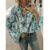 Women's Blouses Shirts CINESSD Women Print Blouses Casual Loose Tops Stand V Neck Long Sleeves Button Plus Size Pullover Female Tee Shirts Blouse 230214