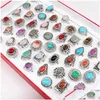 Cluster Rings Vintage Bohemia Colorf Geometry Stone Adjustable Open Jewelry For Women Party Gift Flower Wholesale 20Pcs/Lots Dhx0B