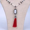 Hangende kettingen bohemia grote ovaal blauw glas witte opaalconnector zijden kwastje sieraden zoetwater kralen ketting charmes ketting voor vrouwen